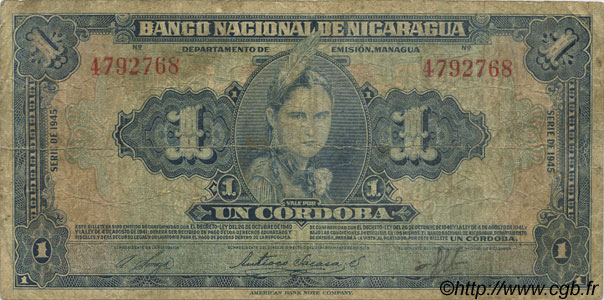 1 Cordoba NICARAGUA  1945 P.090b B