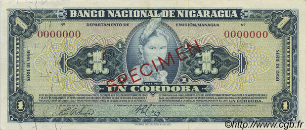 1 Cordoba Spécimen NICARAGUA  1958 P.099bs SPL