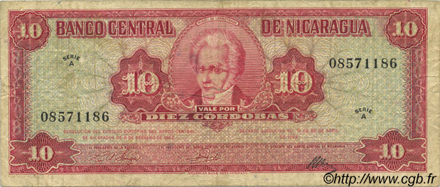 10 Cordobas NICARAGUA  1962 P.109 TB