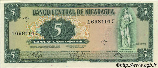 5 Cordobas NICARAGUA  1972 P.122 SPL