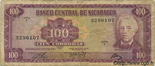 100 Cordobas NICARAGUA  1972 P.126 TB