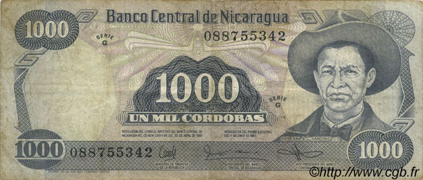 1000 Cordobas NICARAGUA  1985 P.145b TB