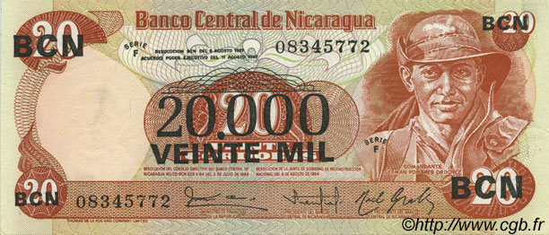 20000 Cordobas sur 20 Cordobas NICARAGUA  1987 P.147 SUP