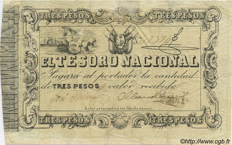 3 Pesos PARAGUAY  1860 P.013 TB+