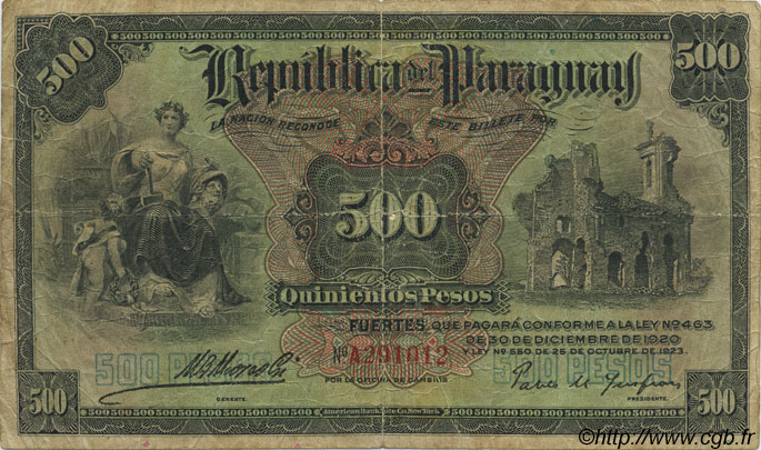 500 Pesos PARAGUAY  1923 P.154 B+