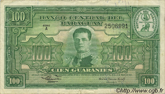 100 Guaranies PARAGUAY  1952 P.189b TTB