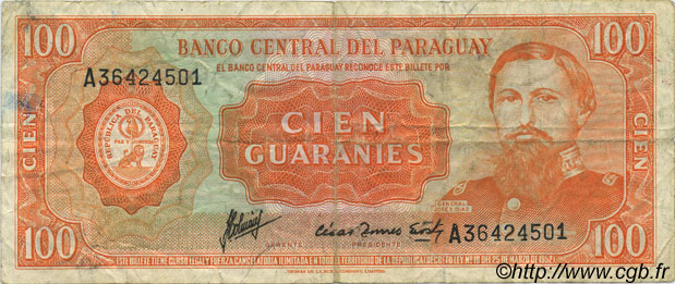 100 Guaranies PARAGUAY  1963 P.199b TB+