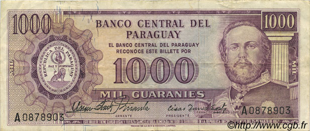 1000 Guaranies PARAGUAY  1963 P.201a TTB