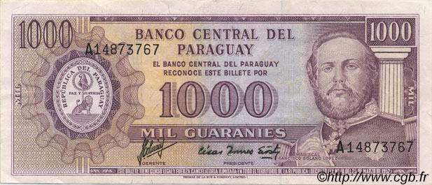 1000 Guaranies PARAGUAY  1963 P.201b TTB+