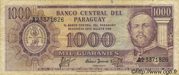 1000 Guaranies PARAGUAY  1982 P.207 TB