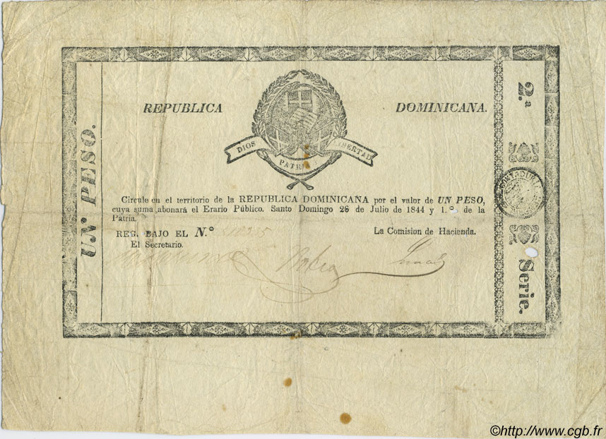 1 Peso Non émis RÉPUBLIQUE DOMINICAINE  1844 P.-- (002) TB+