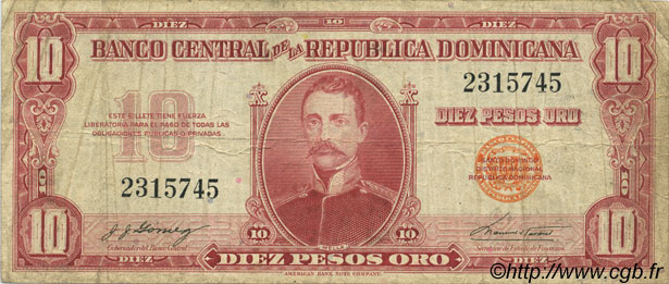 10 Pesos Oro RÉPUBLIQUE DOMINICAINE  1962 P.093a TB