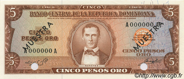 5 Pesos Oro Spécimen RÉPUBLIQUE DOMINICAINE  1964 P.100s NEUF