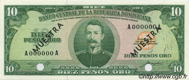 10 Pesos Oro Spécimen RÉPUBLIQUE DOMINICAINE  1964 P.101s NEUF