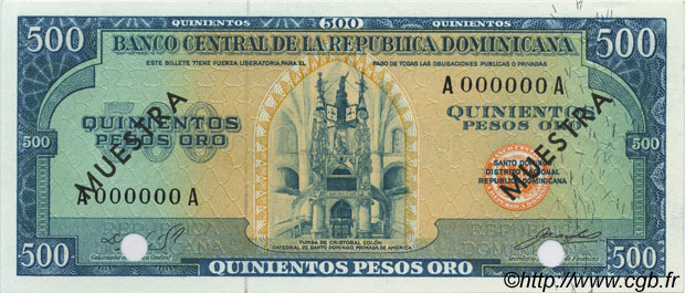 500 Pesos Oro Spécimen RÉPUBLIQUE DOMINICAINE  1964 P.105s NEUF