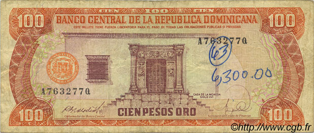 100 Pesos Oro RÉPUBLIQUE DOMINICAINE  1988 P.128a TB