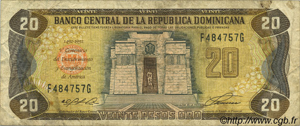 20 Pesos Oro Commémoratif RÉPUBLIQUE DOMINICAINE  1992 P.139a TB