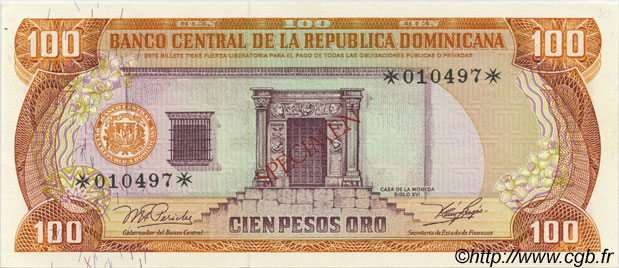 100 Pesos Oro Spécimen RÉPUBLIQUE DOMINICAINE  1978 PCS4 NEUF