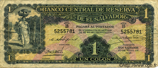 1 Colon SALVADOR  1938 P.081 TB