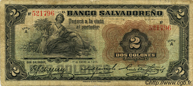 2 Colones SALVADOR  1929 PS.222 B+