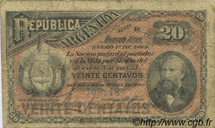 20 Centavos ARGENTINE  1884 P.007a B