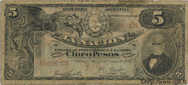 5 Pesos ARGENTINE  1895 P.220a B