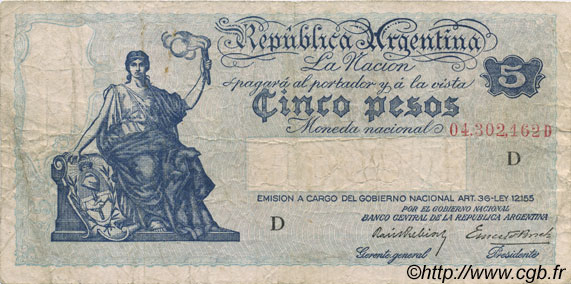 5 Pesos ARGENTINE  1935 P.252a TB