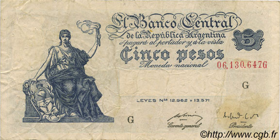 5 Pesos ARGENTINE  1951 P.264c TB
