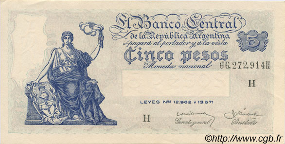 5 Pesos ARGENTINE  1951 P.264d SPL