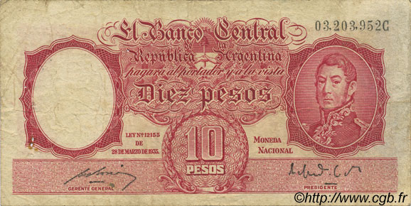 10 Pesos ARGENTINE  1942 P.265b TB+