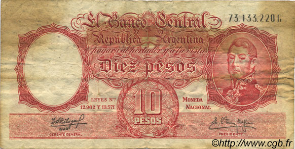 10 Pesos ARGENTINE  1954 P.270c TB