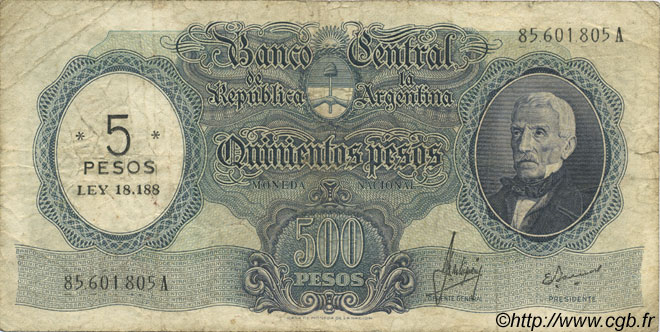 5 Pesos sur 500 Pesos ARGENTINE  1969 P.283 B+