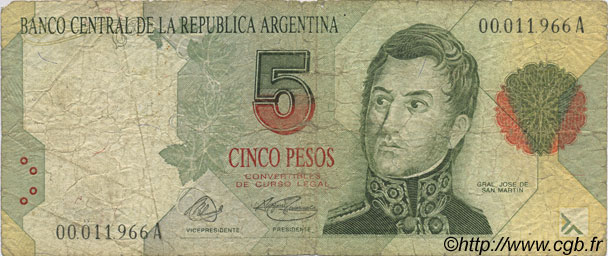 5 Pesos ARGENTINE  1992 P.341a B