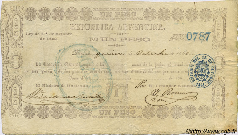 1 Peso ARGENTINE  1861 PS.0225b TTB