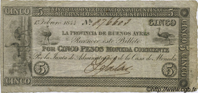 5 Pesos ARGENTINE  1844 PS.0385b pr.TTB