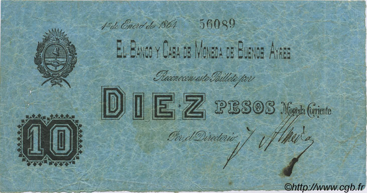10 Pesos ARGENTINE  1864 PS.0443 pr.TTB