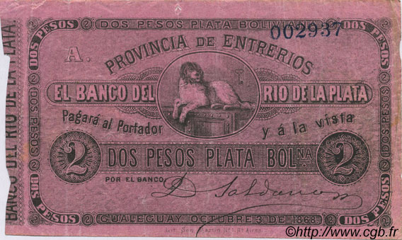 2 Pesos ARGENTINE  1868 PS.1836b TTB