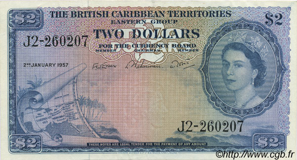 2 Dollars CARAÏBES  1957 P.08b TTB+