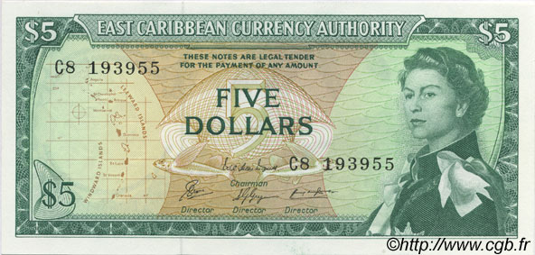 5 Dollars CARAÏBES  1965 P.14g NEUF
