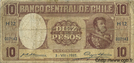 10 Pesos - 1 Condor CHILI  1935 P.092d B