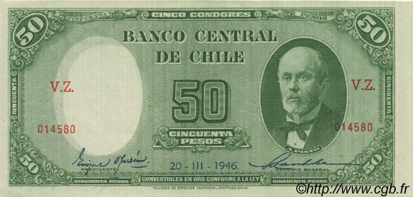 50 Pesos - 5 Condores CHILI  1946 P.104 pr.SPL
