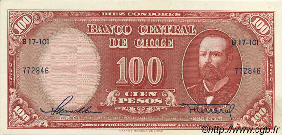 100 Pesos - 10 Condores CHILI  1958 P.122 SPL