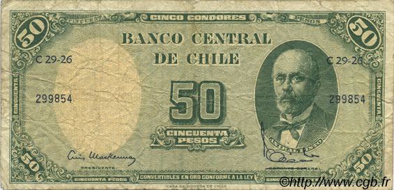 5 Centesimos sur 50 Pesos CHILI  1960 P.126b pr.TB