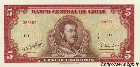 5 Escudos CHILI  1964 P.138 pr.NEUF