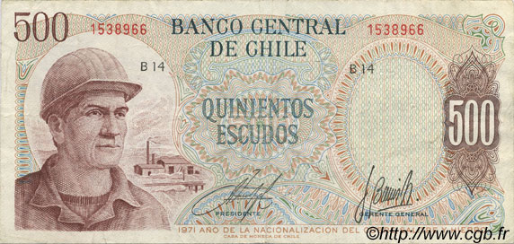 500 Escudos CHILI  1971 P.145 TTB