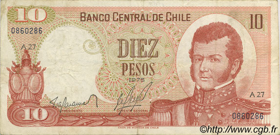 10 Pesos CHILI  1975 P.150a pr.TTB