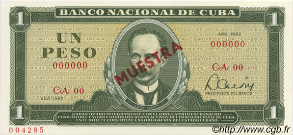 1 Peso Spécimen CUBA  1982 P.102s NEUF