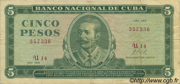5 Pesos CUBA  1972 P.103b TTB