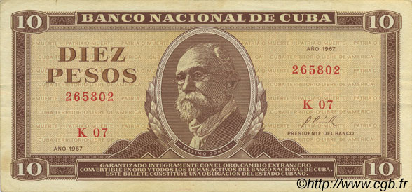 10 Pesos CUBA  1967 P.104a TTB+