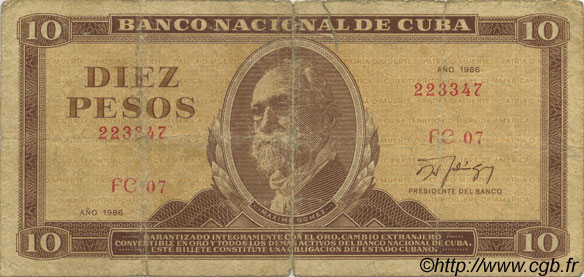 10 Pesos CUBA  1986 P.104c B+